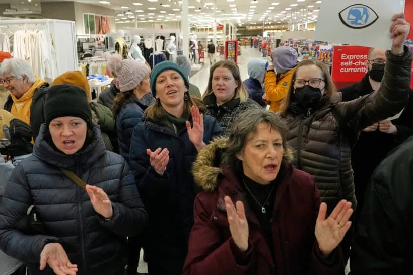 Community members and neighbors of people detained by ICE protest at a Target store, Monday, Jan. 19, 2026, in St. Paul, Minn. (Credit: Yuki Iwamura/AP.)