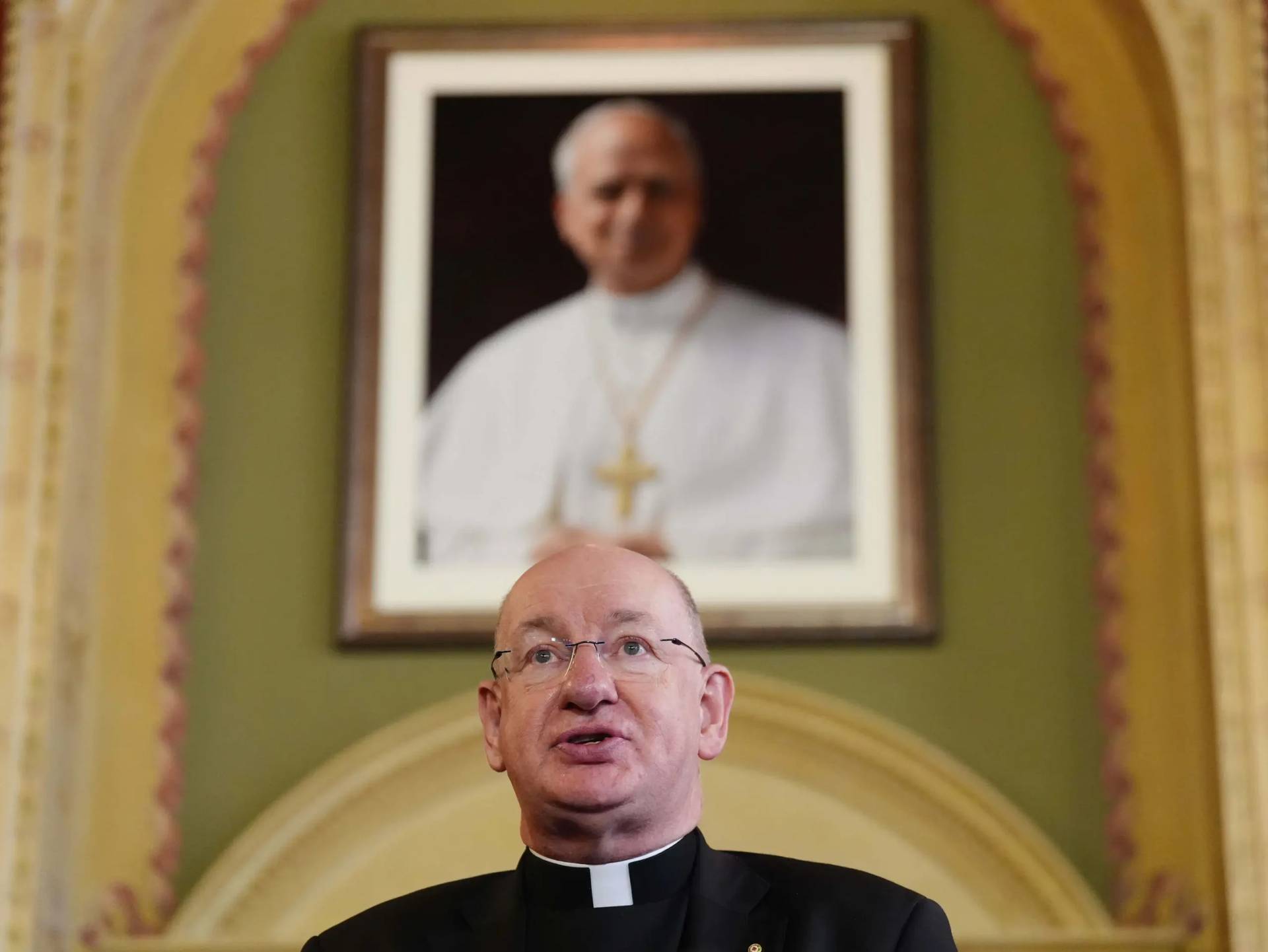 Bishop Richard Moth speaks during a press conference announcing him as the new Archbishop of Westminster, replacing Cardinal Vincent Nichols as the leader of the Catholic Church in England and Wales, in the Throne Room of Archbishop's House, Westminster, London, Friday Dec. 19, 2025. (Credit: Jonathan Brady/PA via AP.)
