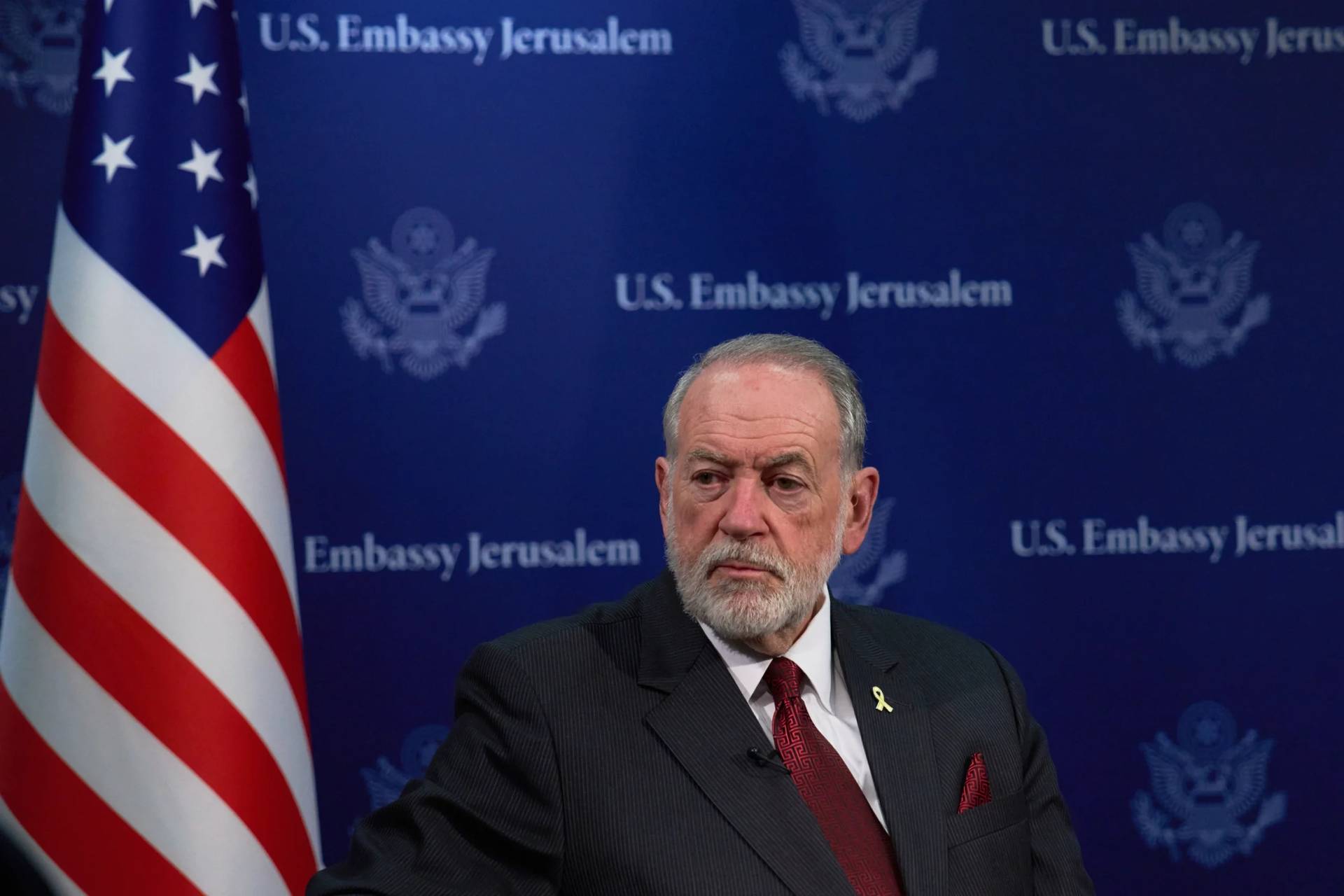 U.S. Ambassador to Israel Mike Huckabee is seen during an interview in Jerusalem, Wednesday, Aug. 20, 2025. (Credit: Ohad Zwigenberg/AP.)