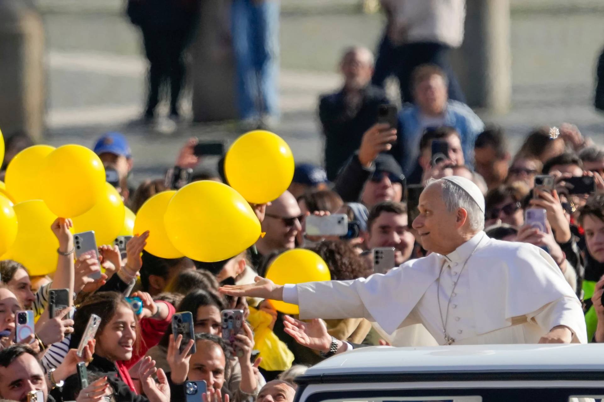 Pope Leo XIV arrives in St. Peter's Square at the Vatican for his open-air weekly general audience, Wednesday, Feb. 18, 2026. (Credit: Gregorio Borgia/AP.)