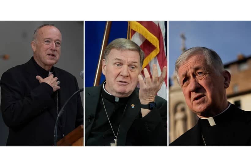 This combo shows, from left, cardinal Robert McElroy, cardinal Joseph Tobin and cardinal Blase Cupich. (Credit: AP Photo.)