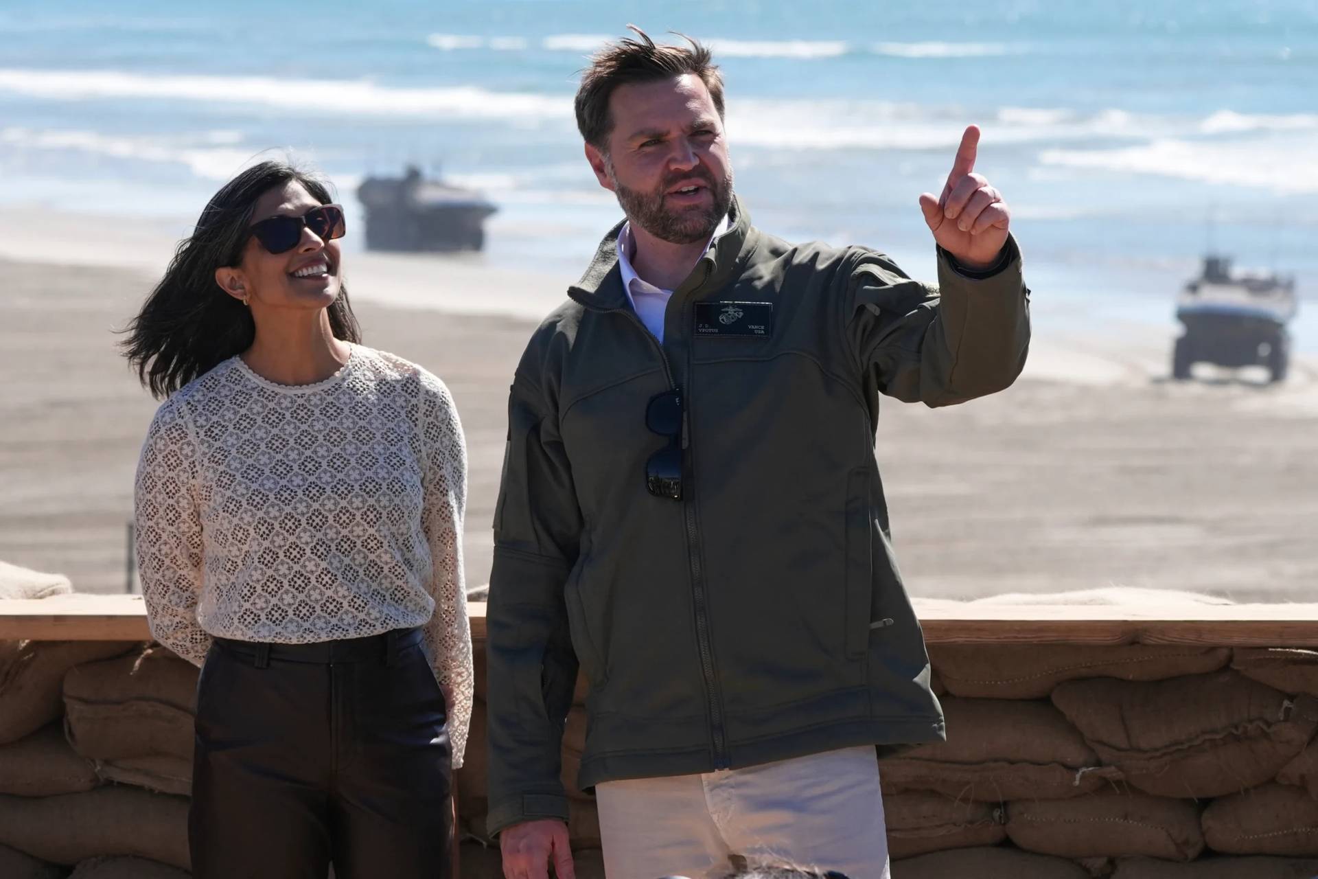 Vice President VP Vance with his wife Usha Vance are seen at Marine Corps Base Camp in Camp Pendleton, California, on Oct. 18, 2025. (Credit: Gregory Bull/AP.)