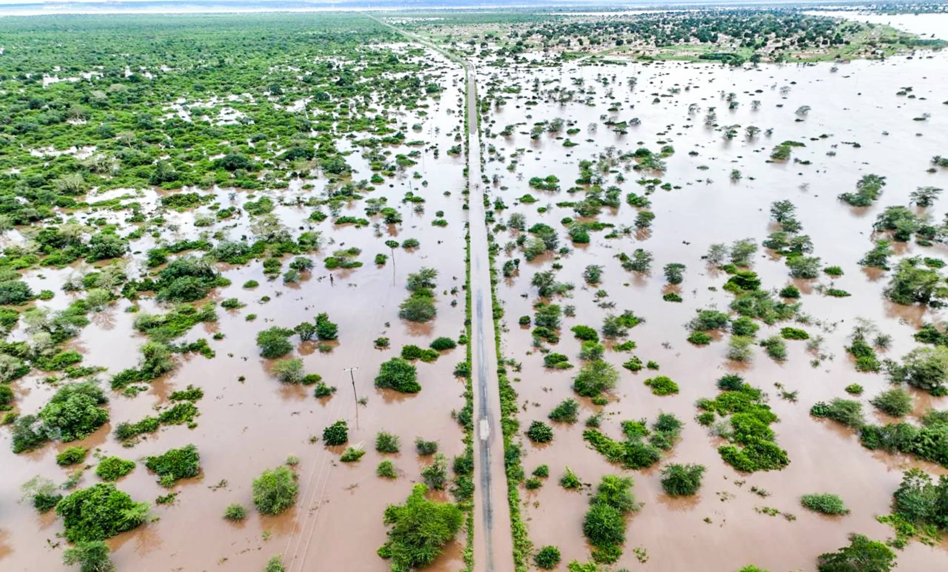 Flood waters cover the Chibuto-Chaimite road in Gaza province, Mozambique, Saturday, Jan. 17, 2026. (Credit: AP Photo.)