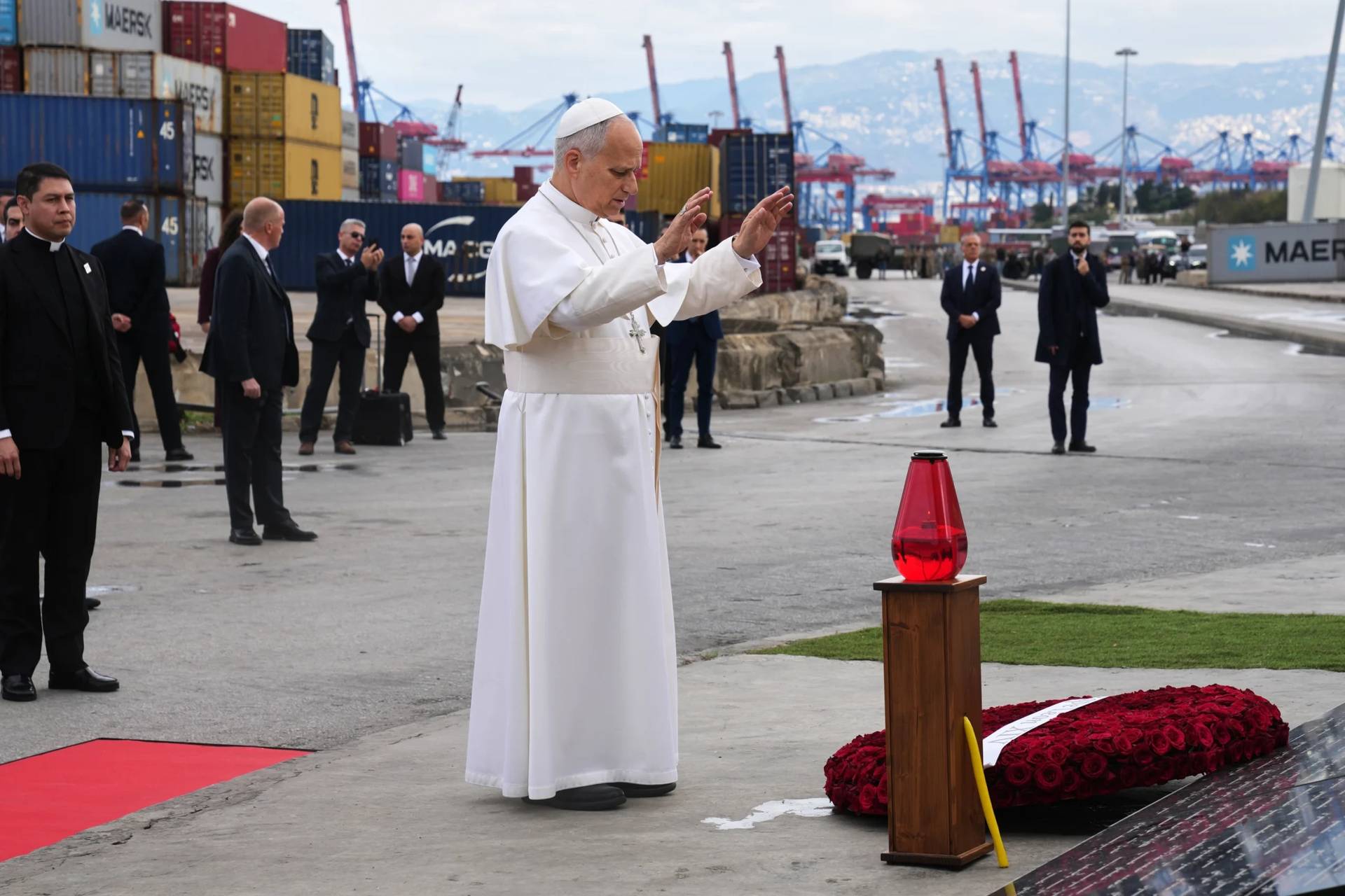 Pope Leo XIV holds a moment of prayer at the site of the 2020 Beirut port explosion in Beirut, Lebanon, Tuesday, Dec. 2, 2025. (Credit: Domenico Stinellis/AP.)